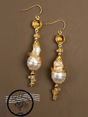 Genuine Yellow Citrine  In Long Gold Plated Earrings With Large Baroque Pearl